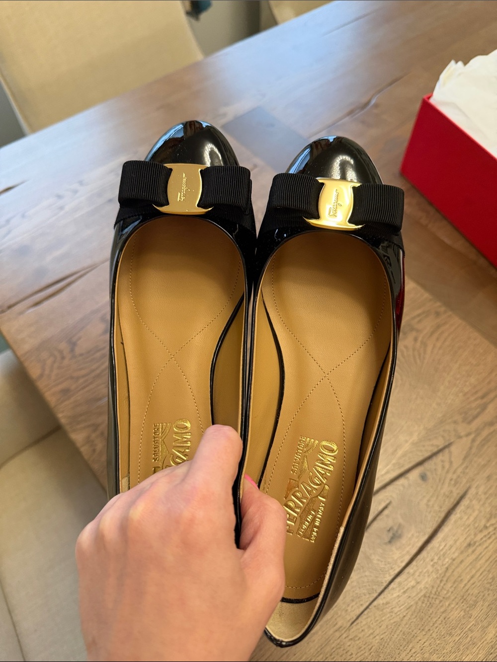 Salvatore Ferragamo Black Patent Leather Vara Bow Flats with Gold Plaque